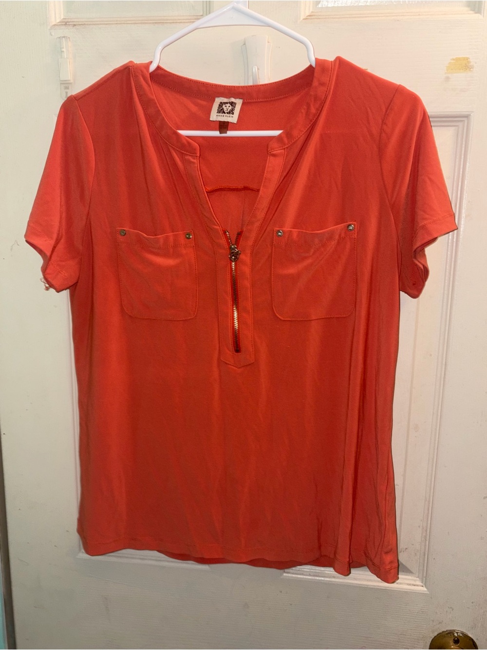 Anne Klein Short Sleeve Zip Pocket Top - Coral Orange
